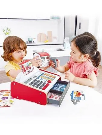 HAPE Детская игрушечная деревянная касса с набором наклеек, калькулятором, светом и звуком