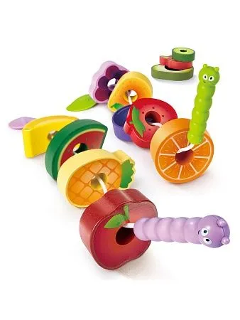 HAPE Игрушка деревянная шнуровка для детей &quot;Веселые гусеницы&quot; (14 предметов - шнурки и фрукты)