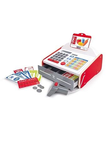 HAPE Детская игрушечная деревянная касса с набором наклеек, калькулятором, светом и звуком