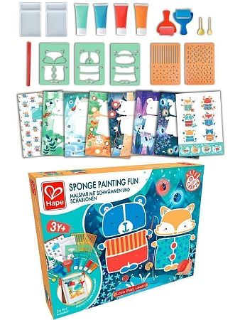 HAPE Развивающий детский игровой набор для рисования губкой и валиками по трафаретам